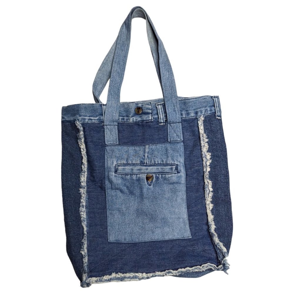 Vintage 1990s Bugle Boy Denim Patchwork Raw Edge Top Handle Open Top Tote Bag